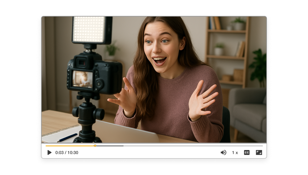 Creator recording a reaction video with camera and laptop using Visla, a reaction video creator